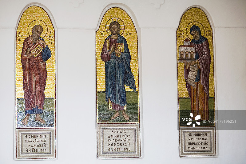 希腊帕特莫斯圣约翰神学修道院教堂墙壁上的壁画图片素材