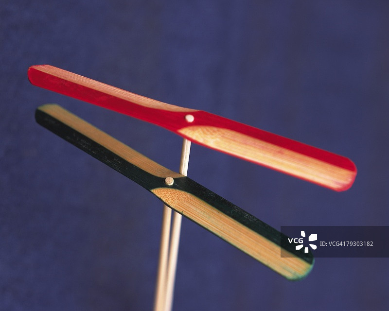 蓝色背景下两个竹蜻蜓俯视图片素材