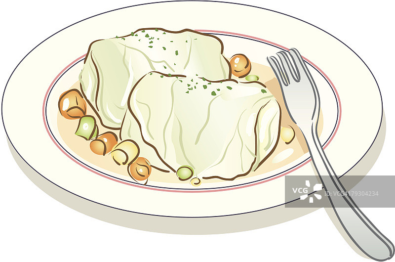 盘中卷心菜卷与勺子图片素材