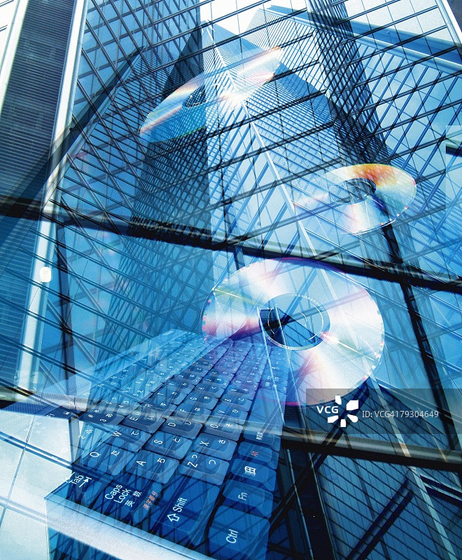 建筑、键盘与CD光盘的电脑图形合成图像图片素材