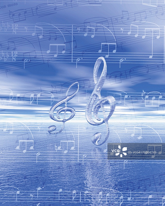 音乐符号和乐谱的电脑合成海景图片素材