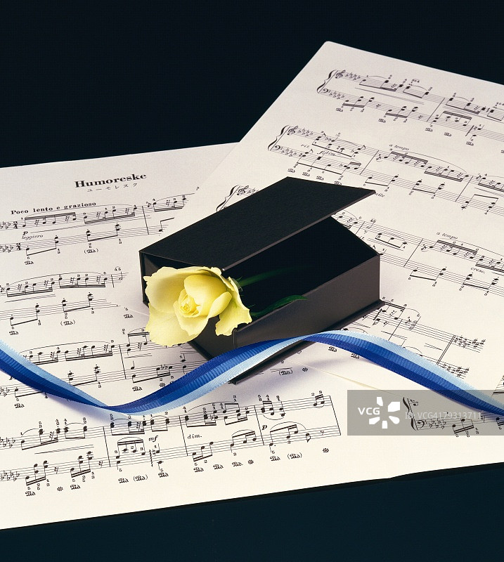 盒子里的花和乐谱的俯视摄影作品图片素材