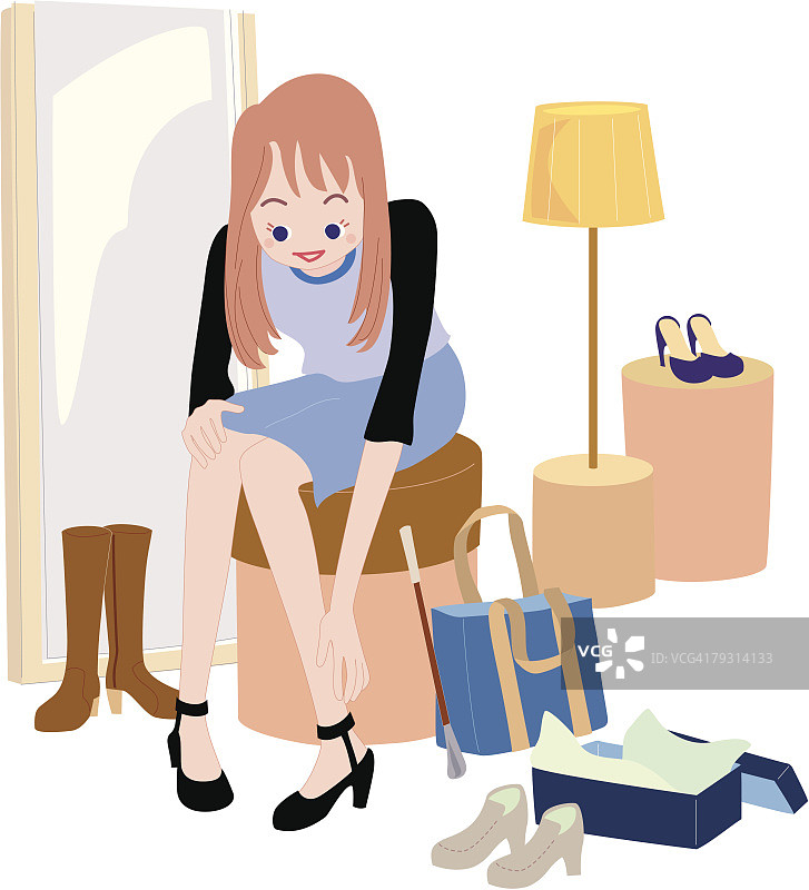 试穿鞋子的女人插画图片素材