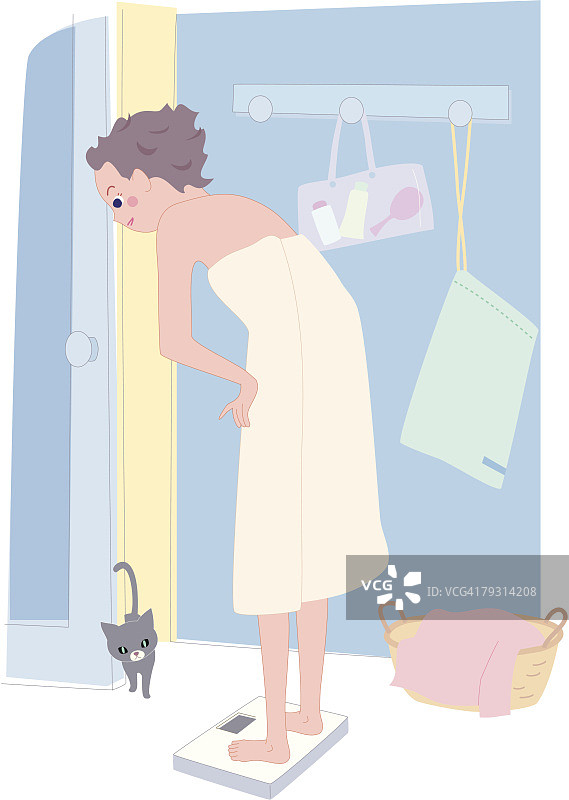 在浴室体重秤上称体重的女人，插画技巧图片素材