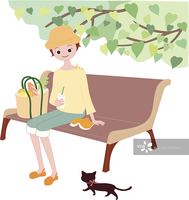 坐在长椅上的女人插画图片素材