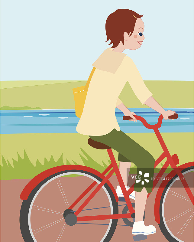 骑自行车沿河行驶的女人（插画技法）图片素材