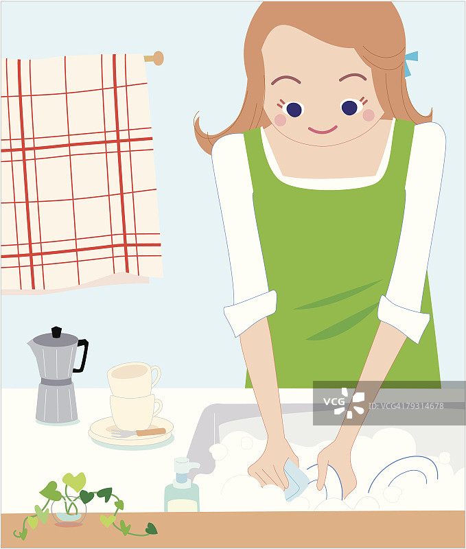 清洗餐具的女人，插画技巧图片素材