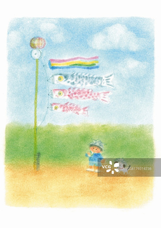 和小狗一起看鲤鱼旗的小男孩（插画）图片素材