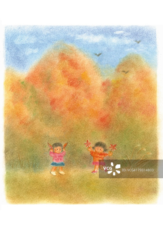 秋天在山附近玩耍的两个女孩，插画图片素材
