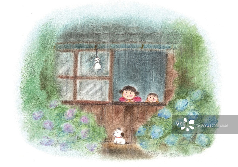 孩子们从窗户看外面的雨景，插图图片素材