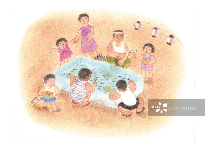 儿童捞金鱼插画图片素材