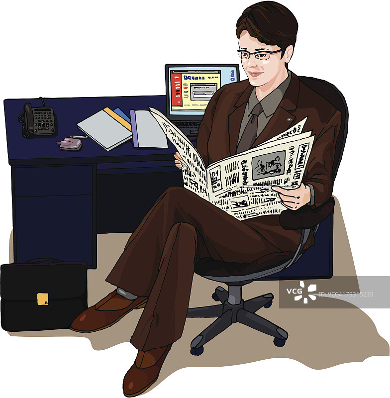 商务男士坐着阅读报纸插画图片素材