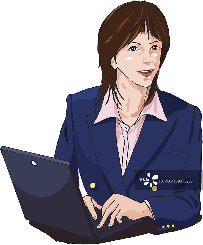 使用笔记本电脑的微笑职场女性插画图片素材