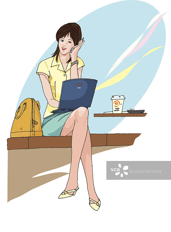 女商人在咖啡厅使用笔记本电脑工作（插图）图片素材