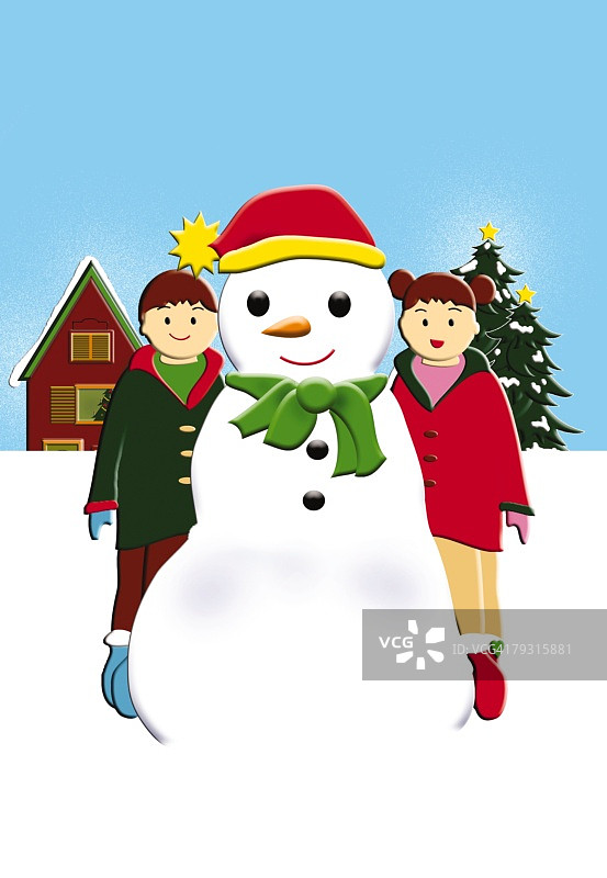 儿童与雪人绘画插图图片素材