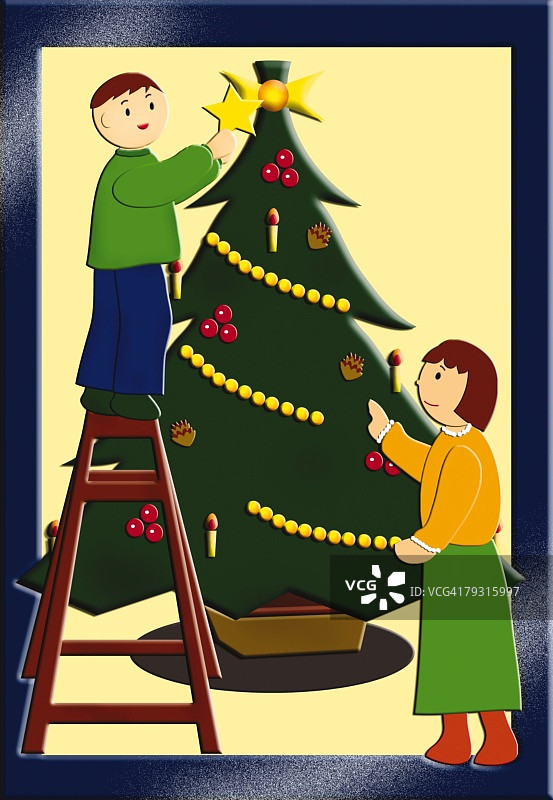 孩子们装饰圣诞树绘画，插图图片素材