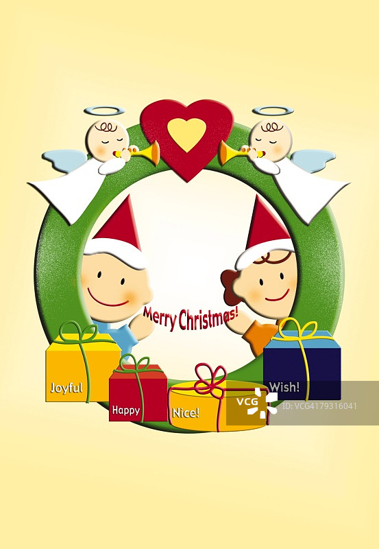 挥手儿童与圣诞花环绘画插图图片素材