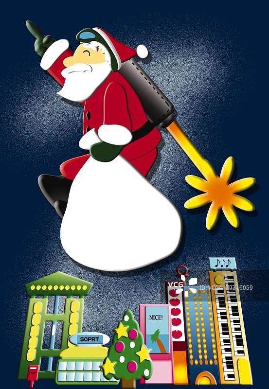 圣诞老人乘坐火箭飞行绘画插图图片素材