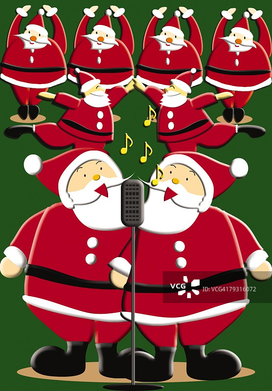 一群圣诞老人唱歌跳舞的绘画，插画图片素材