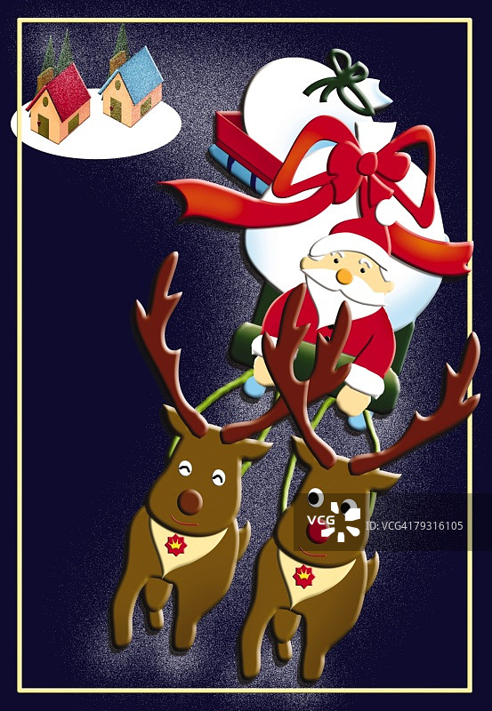 圣诞老人和驯鹿飞越城镇绘画插图图片素材