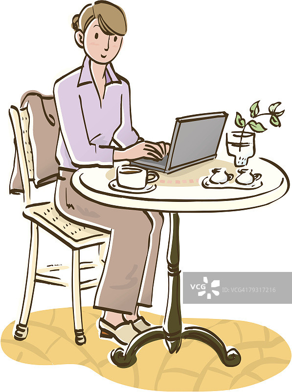 在咖啡馆的桌旁使用笔记本电脑的女商人（正面视角）图片素材