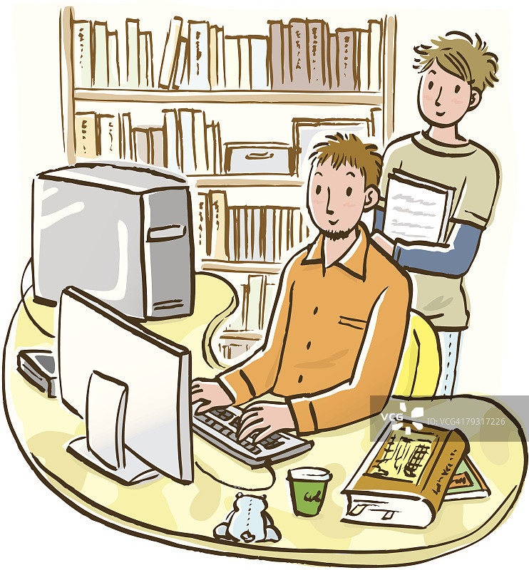 两个男人在办公室里看电脑显示器，高角度视角图片素材