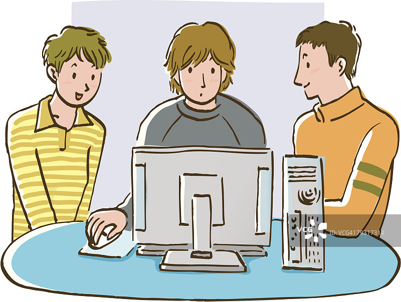 三人一起看电脑显示器图片素材