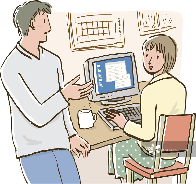 男人与坐在电脑桌前的女人交谈图片素材