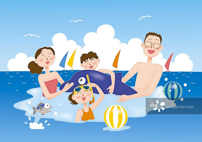 享受海水浴的一家人，插画图片素材