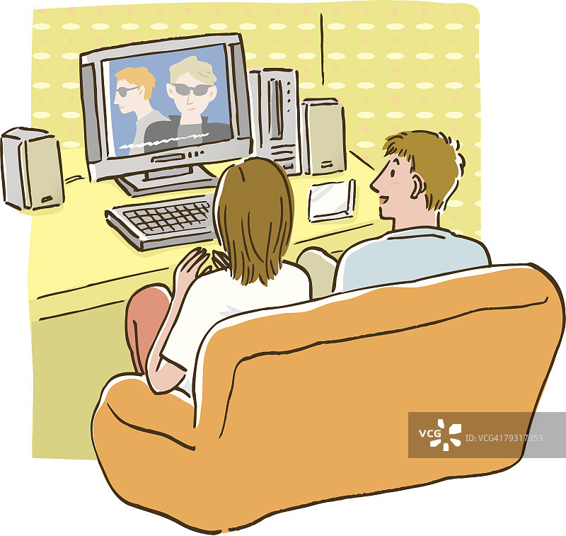 一对男女在沙发上用电脑看电影，高角度拍摄图片素材