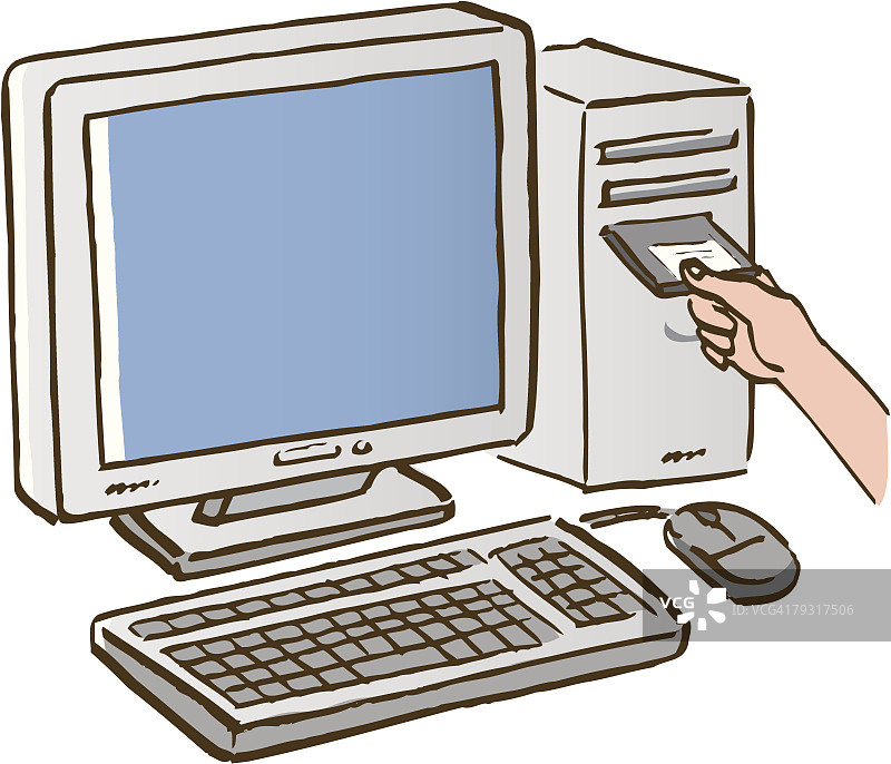 一个人将软盘放入电脑，特写，高角度图片素材