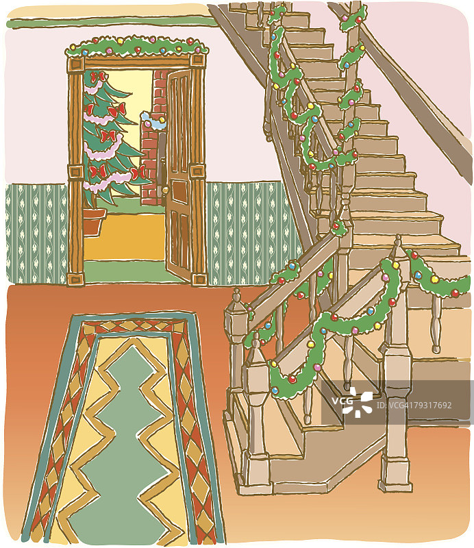 房子里的圣诞装饰绘画插图图片素材