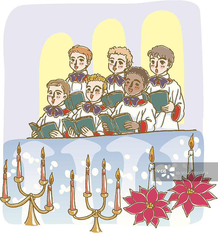 男孩唱圣诞颂歌绘画插图图片素材