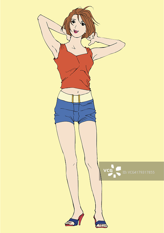 双手放在脑后的女人，正面视角图片素材