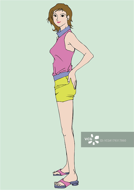 女人站立并将手放在臀部，侧视图图片素材