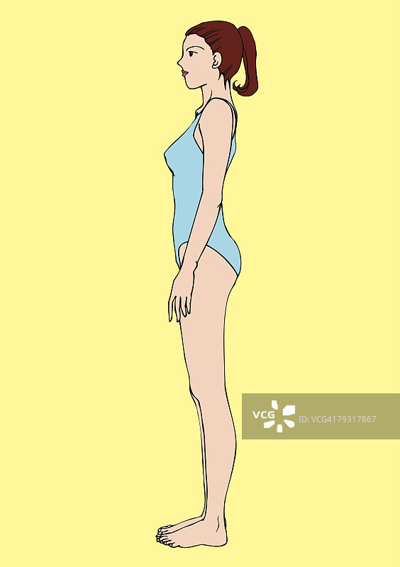 穿着泳衣站立的女人，侧视图图片素材