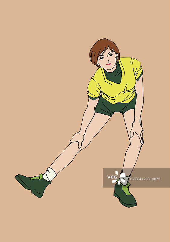 女人弯腰，手扶膝盖，伸展运动，正面视角图片素材