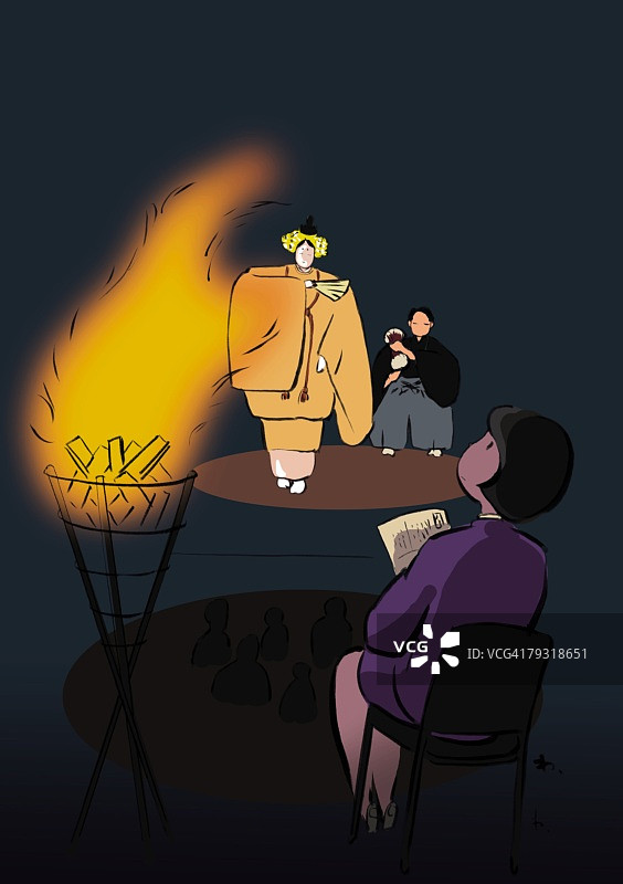 中年男子表演能剧，中年女子坐在柴火旁观看图片素材