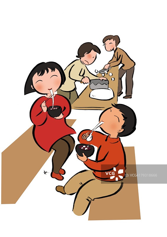年轻女子和她的儿子在镜开日享用红豆年糕汤图片素材