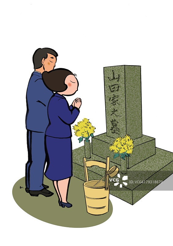 一对中年夫妇站在墓碑前祈祷，全身照，轮廓图片素材