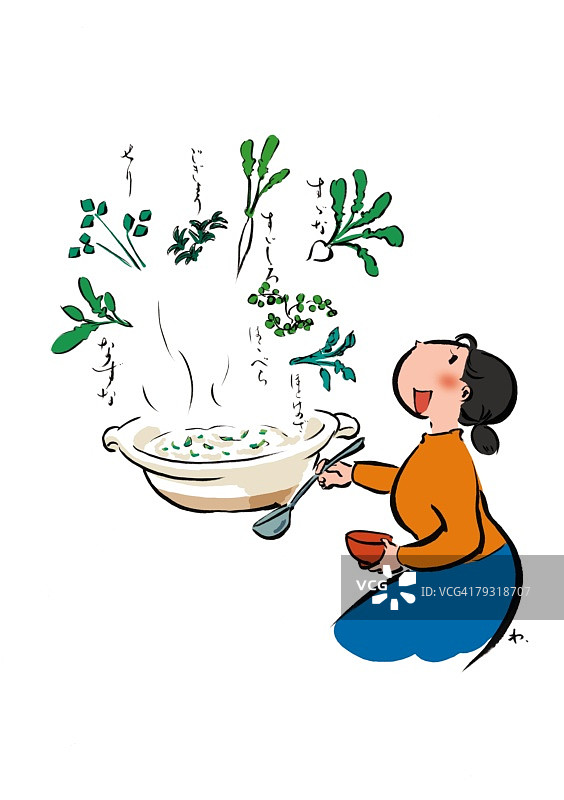 准备含有七种春季草药的米粥的年长女性，侧视图图片素材