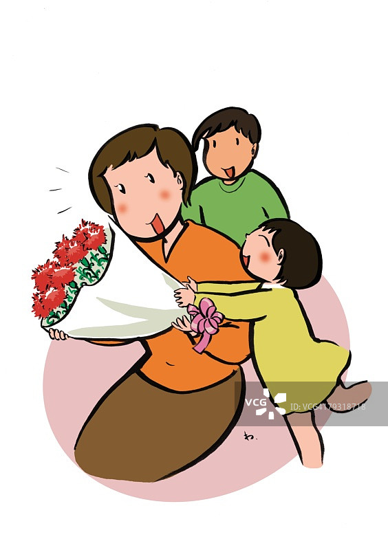 母亲节，小女孩给妈妈送康乃馨花束（侧面图、正面图）图片素材