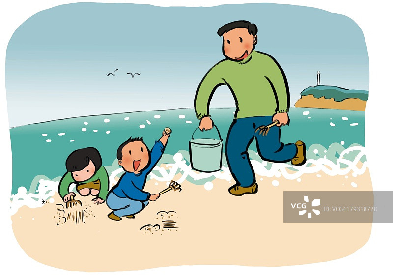 父亲与孩子们享受捡贝壳的乐趣图片素材