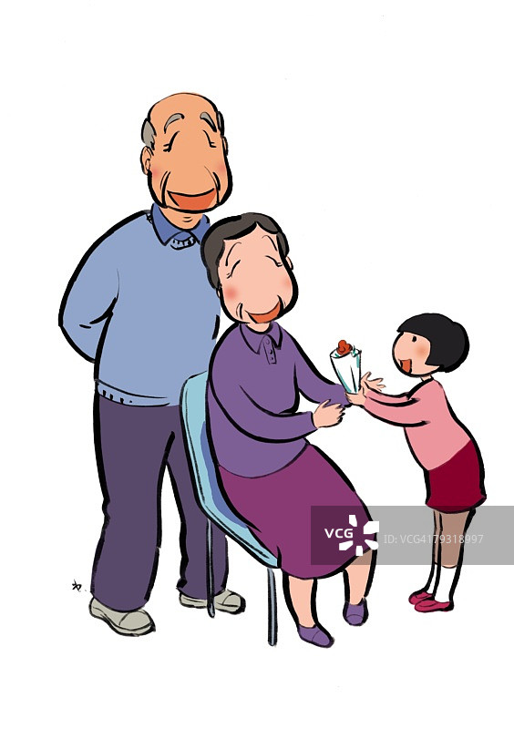 孙女在敬老节向祖父母赠送礼物插画图片素材