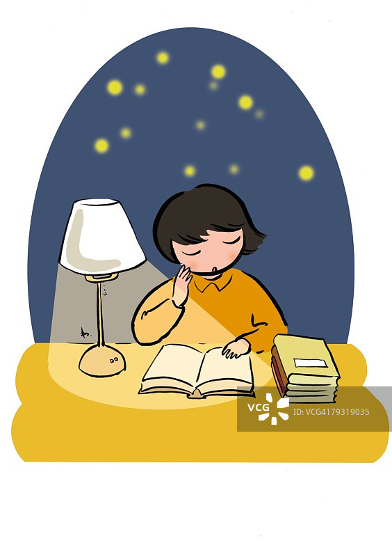 阅读书籍的少女，插画风格图片素材