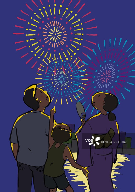 一家人观看烟花，图解技术图片素材