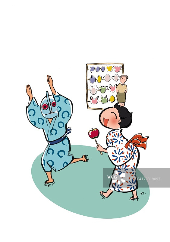 夏季庙会上玩耍的两个孩子，插画风格图片素材