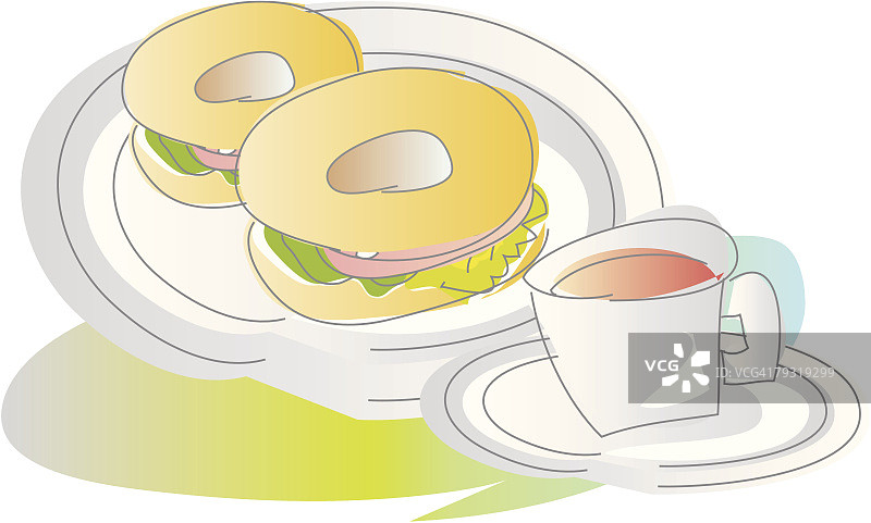 百吉饼三明治和茶插画图片素材