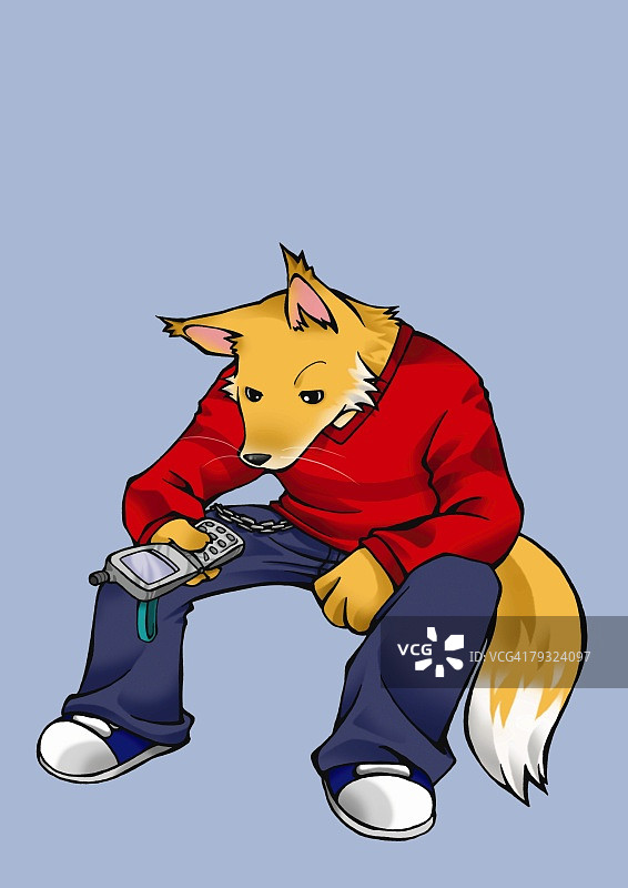 狐狸坐着玩手机，蓝色背景图片素材