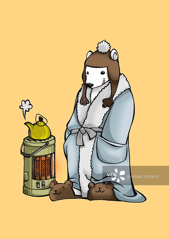 身着晚礼服站在加热器旁的北极熊，正面视角，橙色背景图片素材